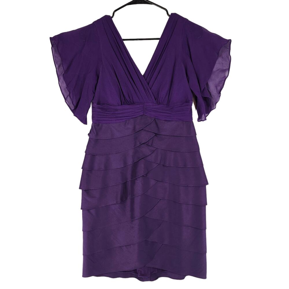 Adrianna Papell Silk Midi Dress 6 Women Purple Layers‎ Tiered Flutter Sleeves
